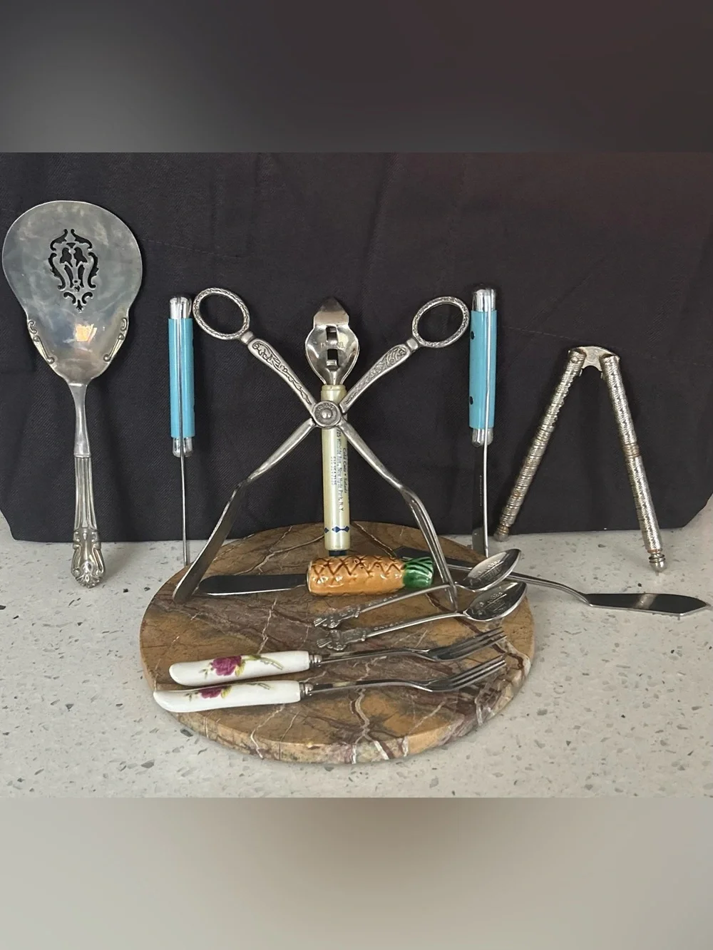 Blue-Handled Silver-Tone Kitchen Tool Set with Decorative Marble Board
